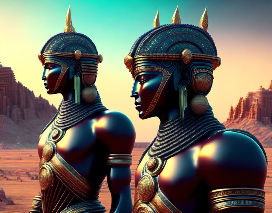 Stylized metallic figures with Egyptian headdresses in desert setting