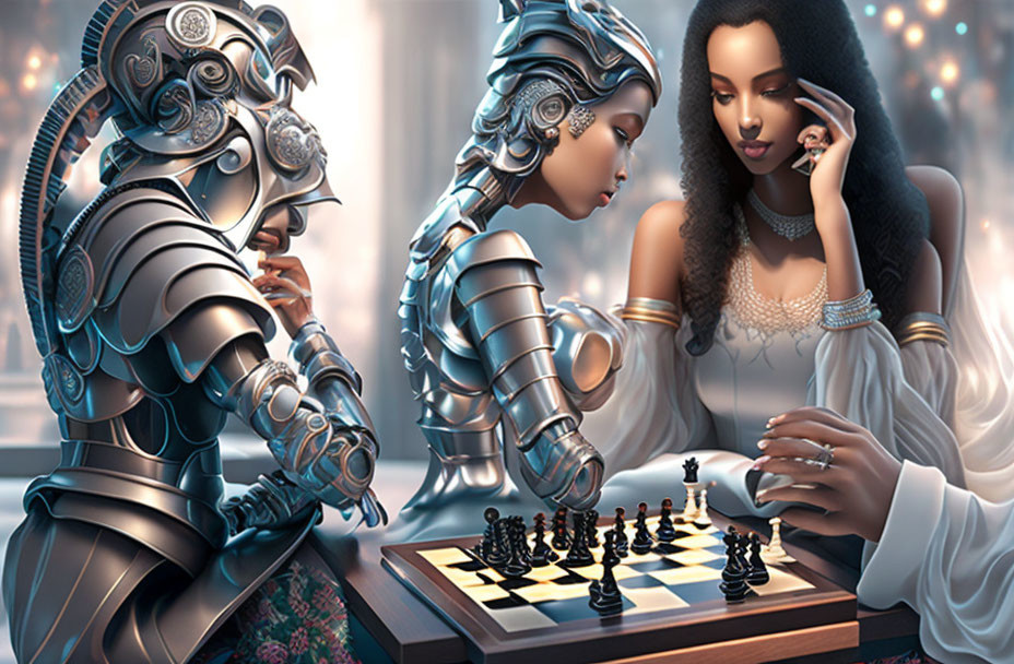 Human woman and knight in ornate armor playing chess in elegant setting