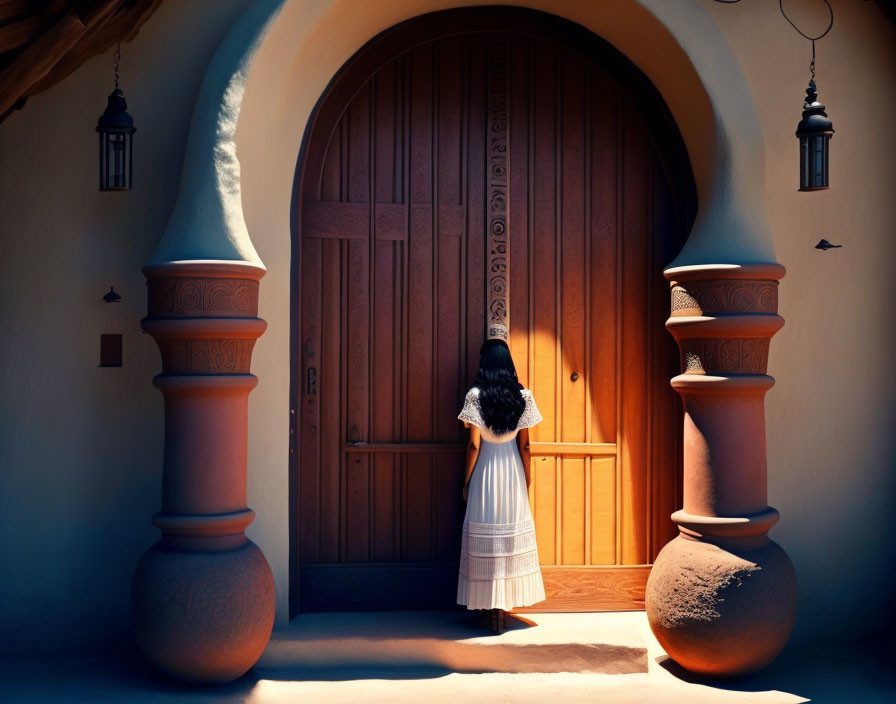 Person in white skirt and dark top at ornate doorway with lanterns