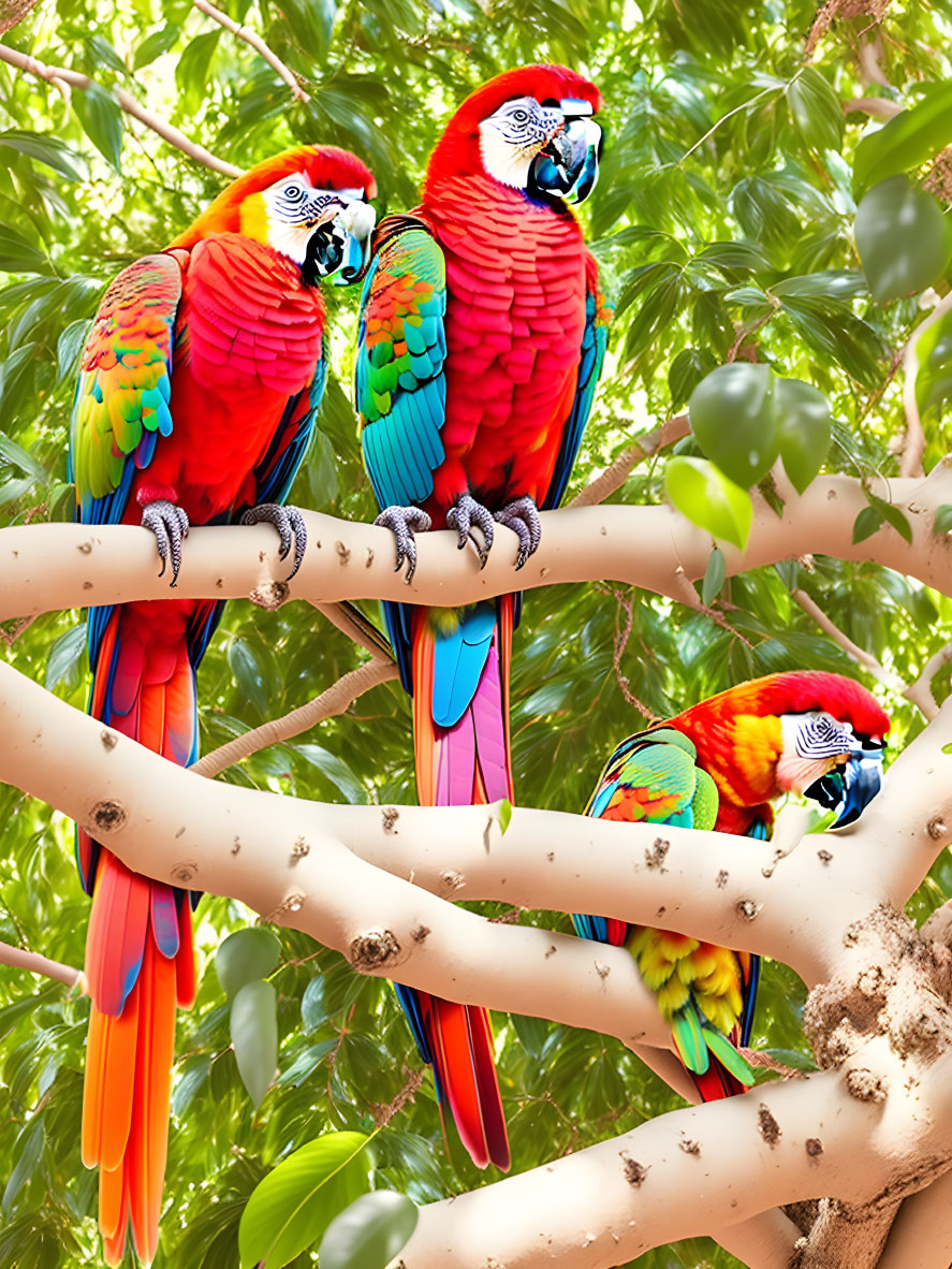 Colorful Macaws Resting in Lush Green Foliage