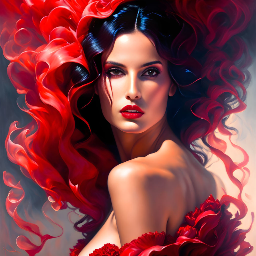 Digital art portrait of woman with red hair, roses, intense gaze, red lips, and bare shoulder