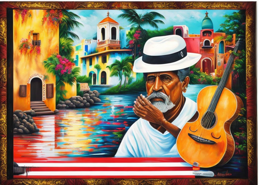 Vibrant artwork of older man with guitar in colorful town