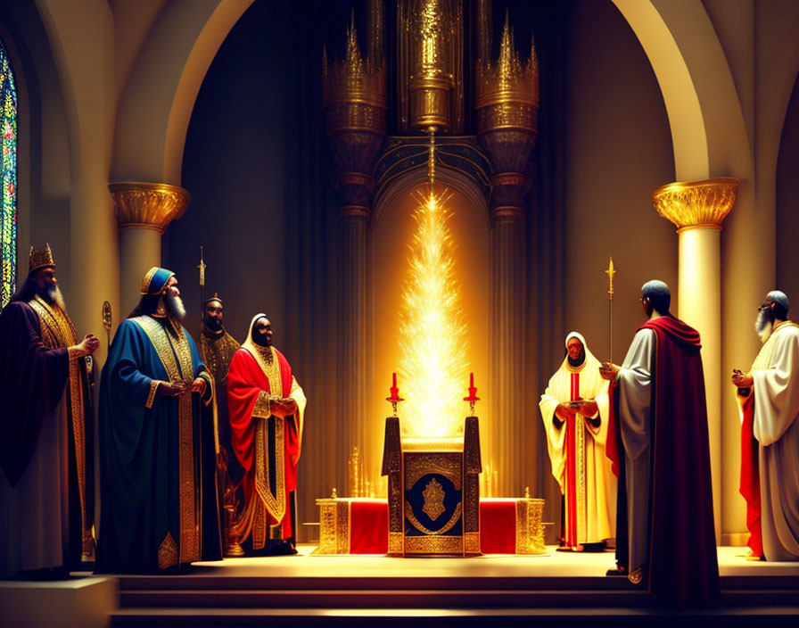 Robed Figures Around Altar in Church Setting