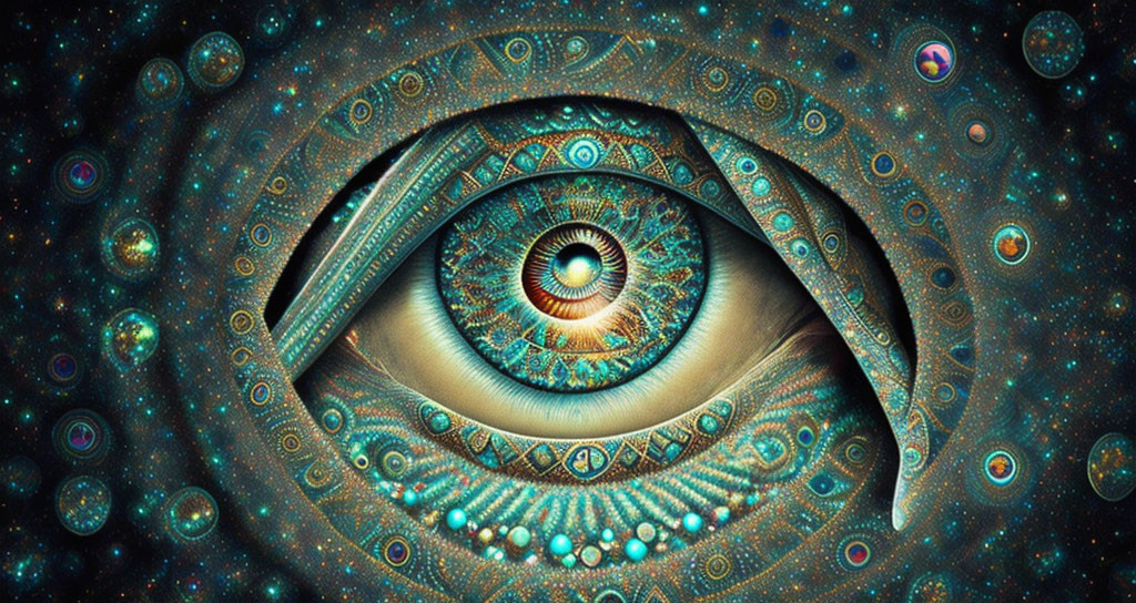 Detailed digital art of vibrant blue eye with cosmic patterns.