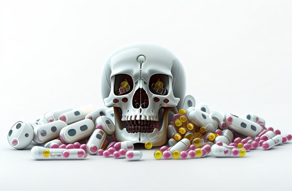 Skull with bolt surrounded by colorful pills on white background