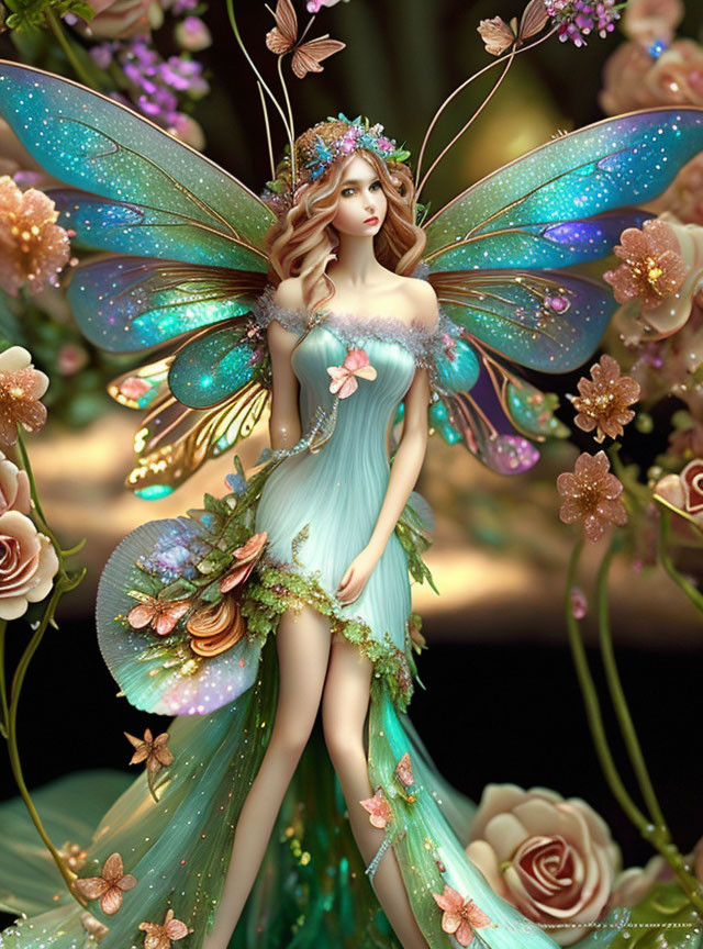 Ethereal fairy art: translucent wings, blue gown, roses