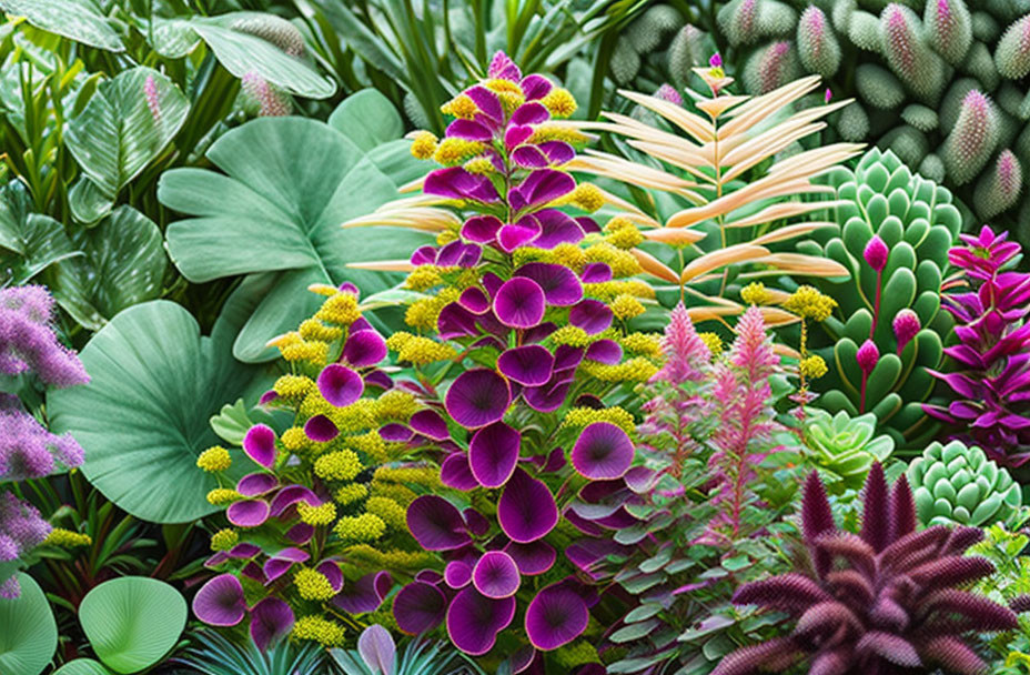 Assorted vibrant succulents and lush plants with green, purple, and yellow foliage.