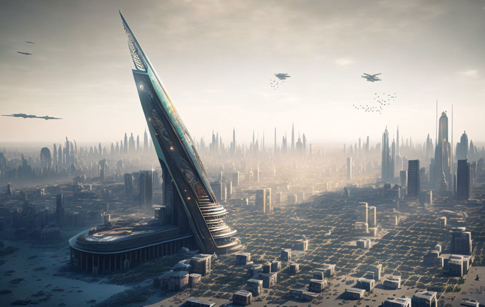 Futuristic cityscape with towering skyscraper and flying crafts