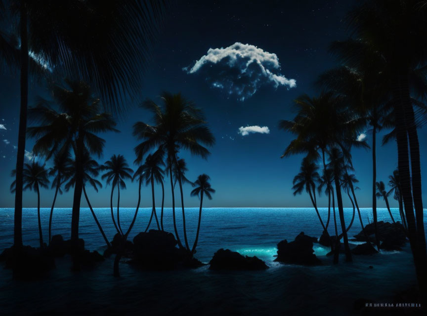 Silhouetted palm trees and bioluminescent waves on a night beach