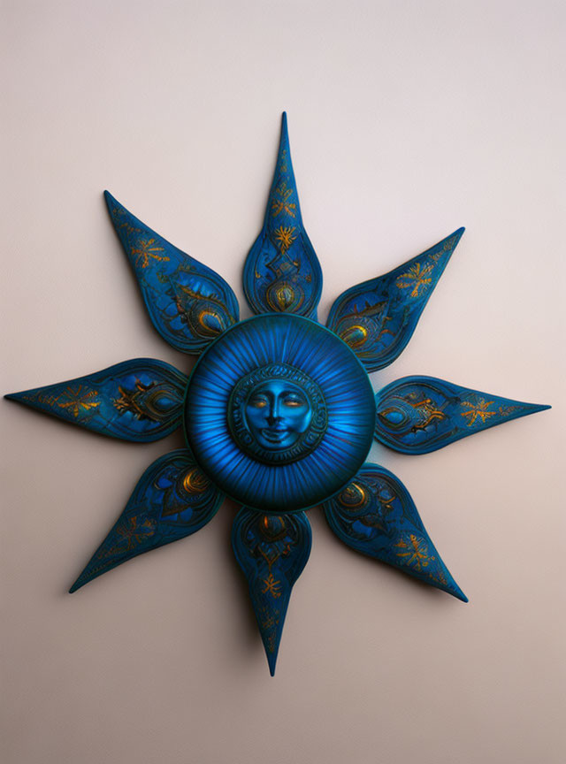 Blue Sun-Shaped Wall Decor with Serene Face and Golden Patterns