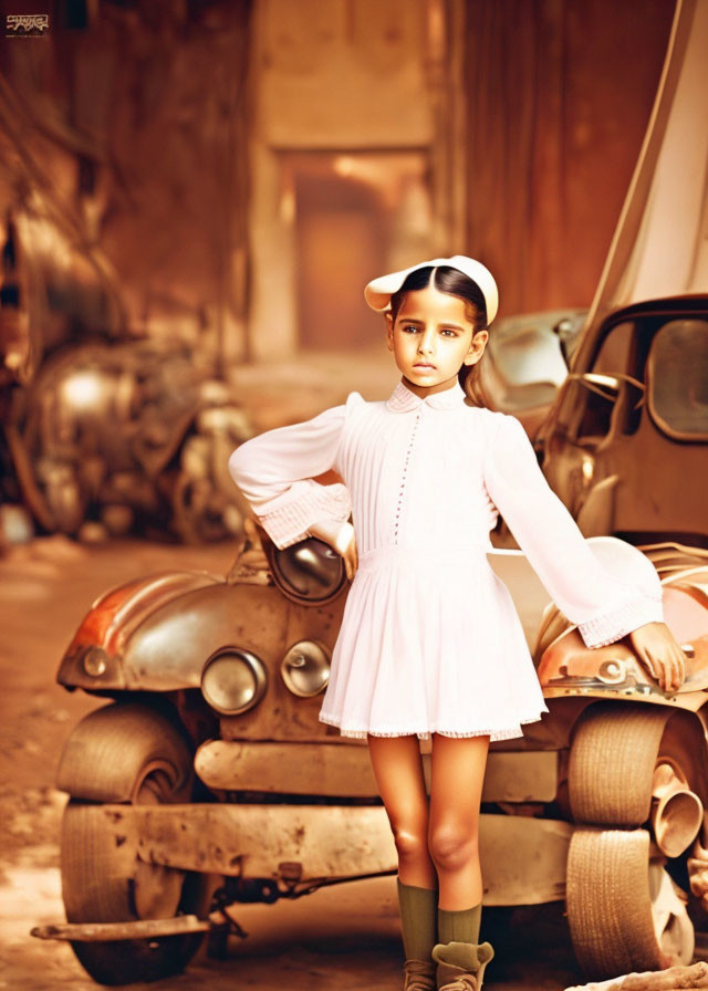 Young girl in white dress and green boots poses confidently by vintage car in old alleyway