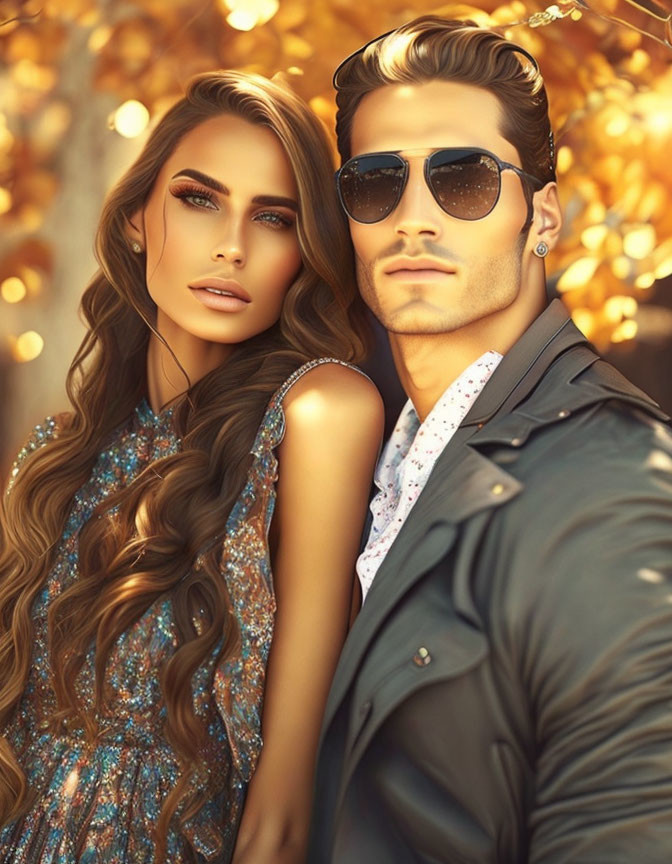 Stylish Man and Woman with Sunglasses in Autumn Glamour