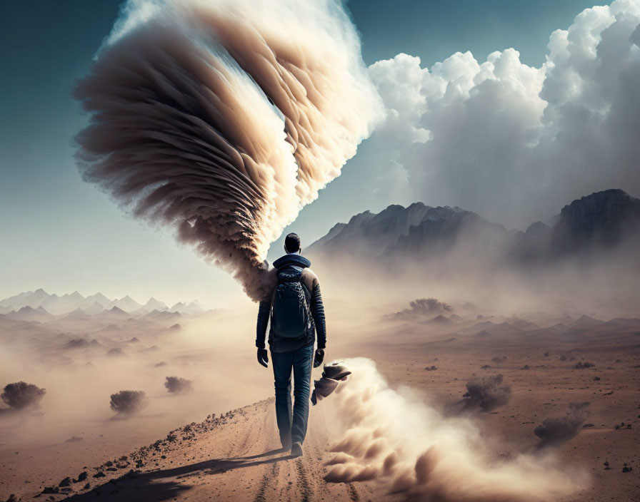 Person walking towards mountains under swirling dust cloud landscape.