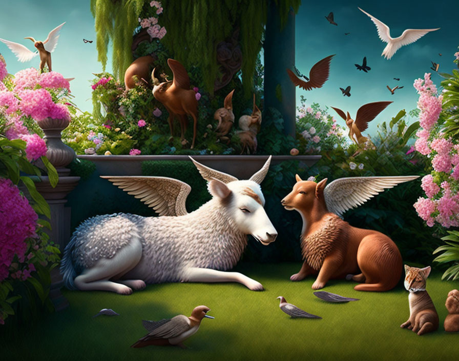 Fantastical scene featuring white winged lamb, brown winged fawn, birds, bunn