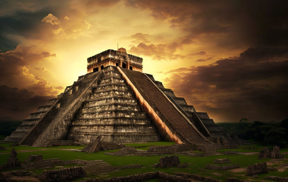 Ancient Mesoamerican Pyramid in Sunset Sky Amid Greenery