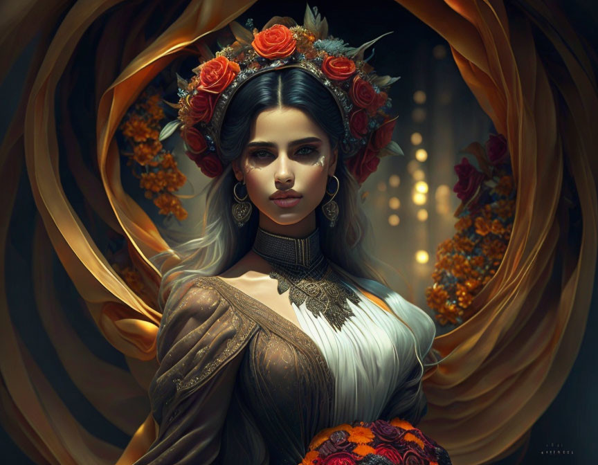 Woman portrait with floral crown and golden backdrop: ethereal and elegant.