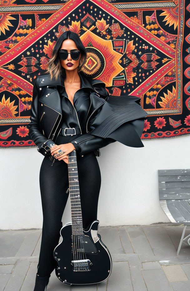 Stylish person in black attire poses with electric guitar against vibrant tapestry