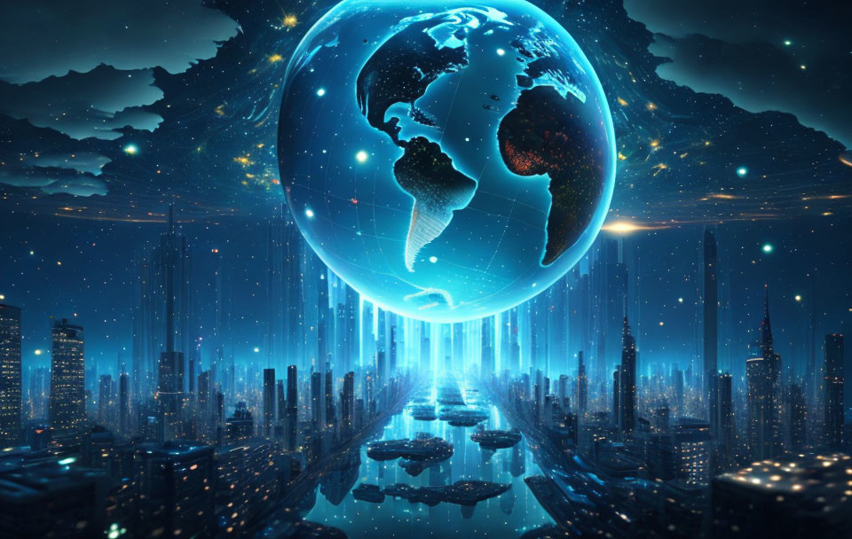 Futuristic night cityscape with holographic Earth projection