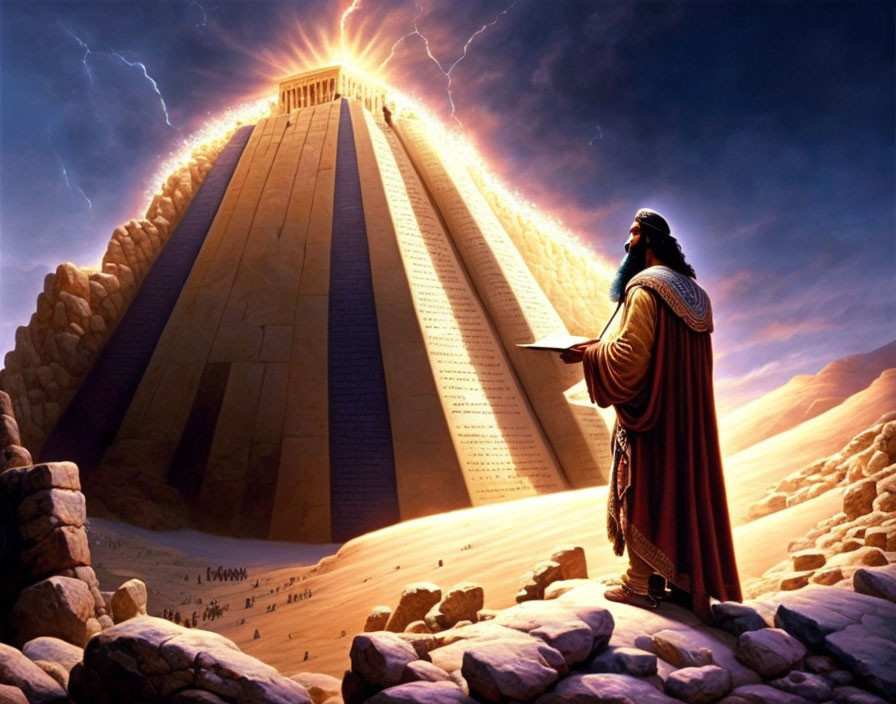 Robed figure in desert gazes at towering ziggurat with lightning and light beam.