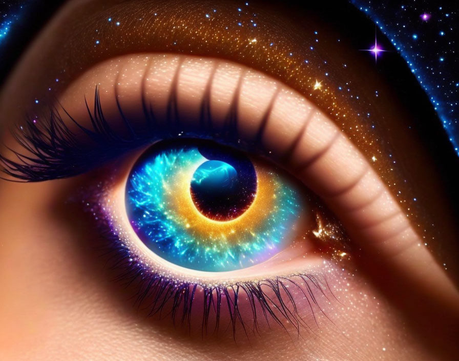 Close-up of vibrant eye with galaxy reflected in iris