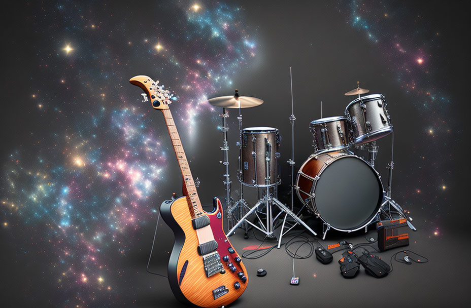 Musical instruments against cosmic starry background