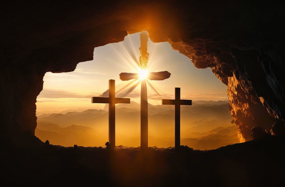 Silhouetted crosses at sunrise in cave opening