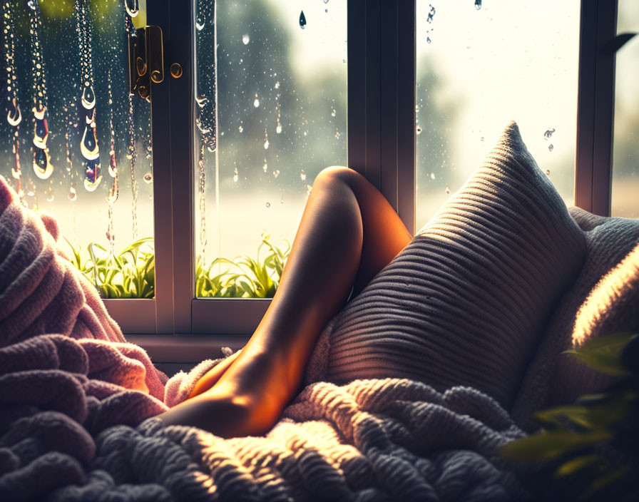 Person's Legs Resting on Cushion by Rainy Window in Warm Sunlight