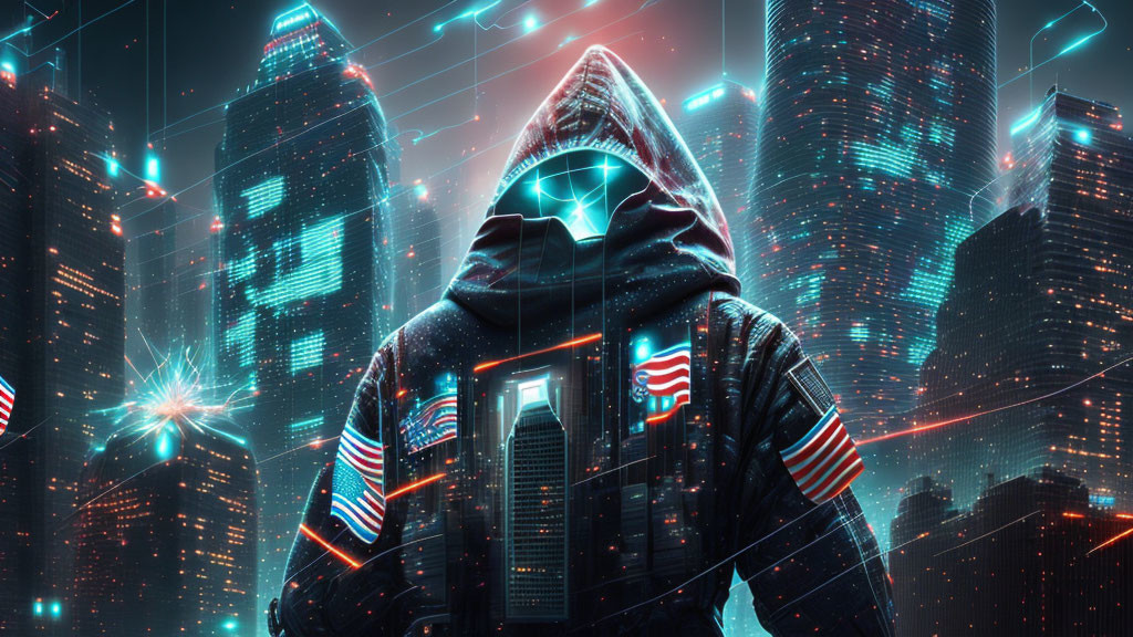 Hooded figure in neon-lit cyberpunk cityscape