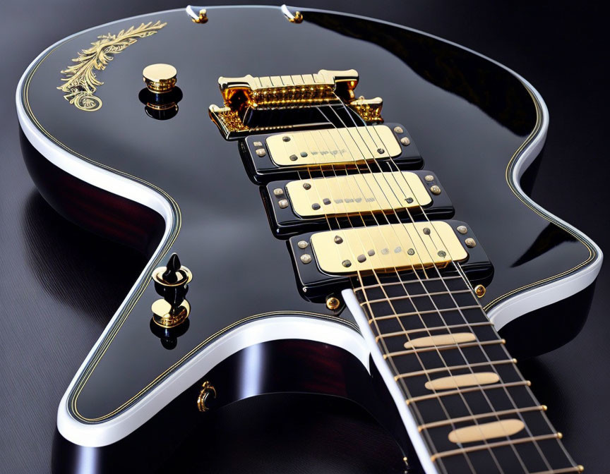 Black Electric Guitar with Gold Accents and Dual Humbuckers