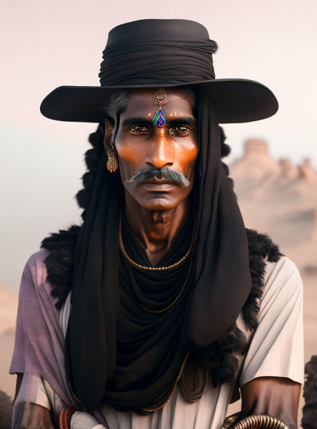 Mustachioed man in black hat and jewelry against desert backdrop