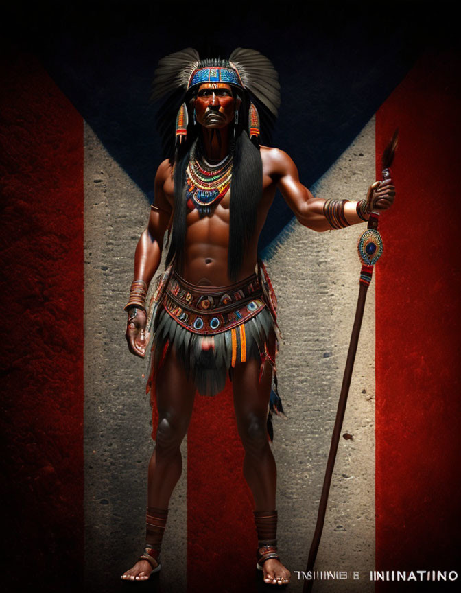 Native American Chief in Traditional Attire with Spear on Red Background