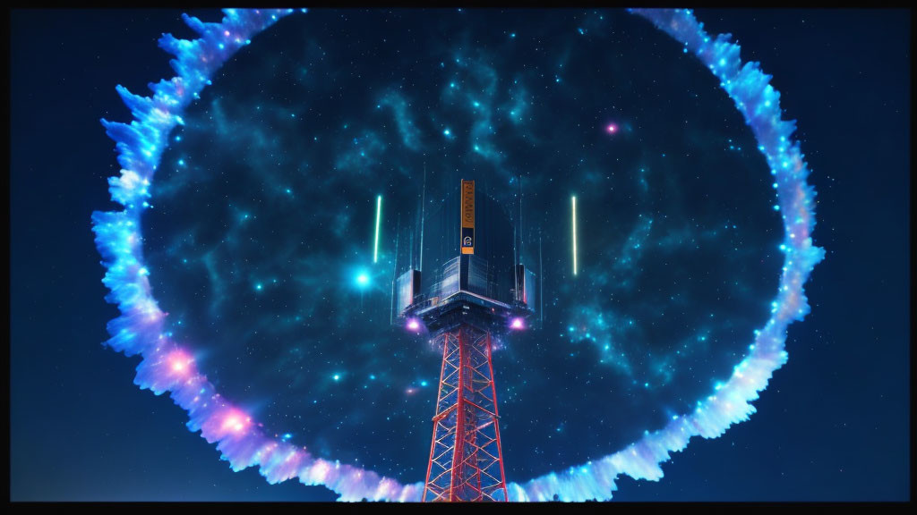 Futuristic rocket launch pad at night with glowing blue energy ring