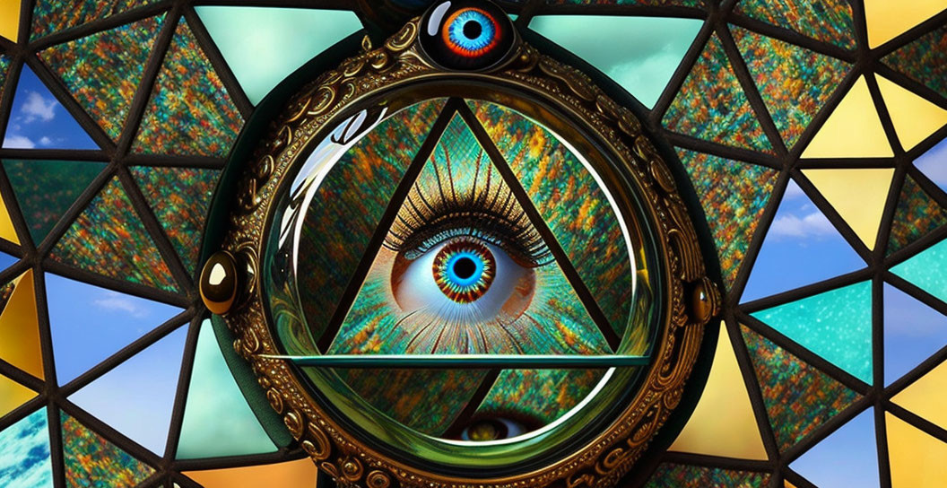 Surreal image with multiple eyes in ornate circular frame