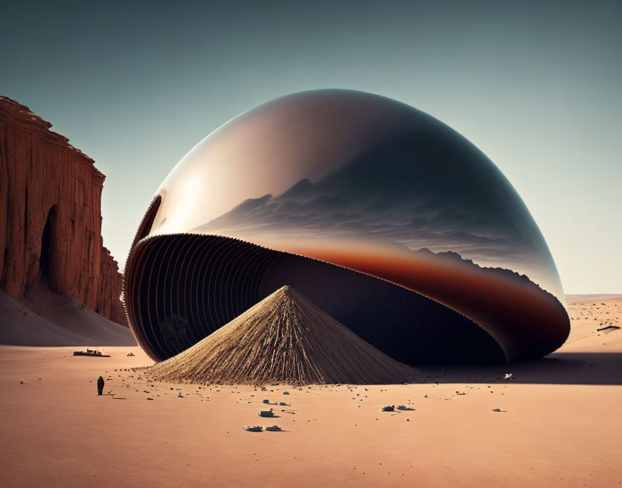 Futuristic dome in desert with sand dunes and person walking