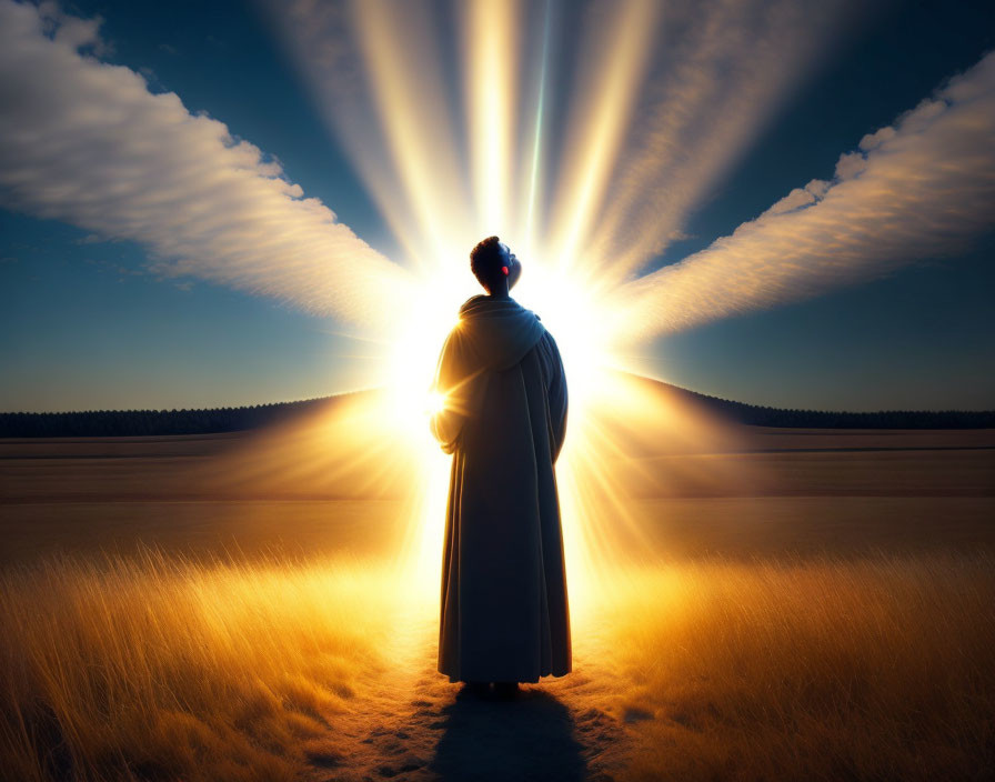 Person standing in field at sunrise or sunset with dramatic sun rays.