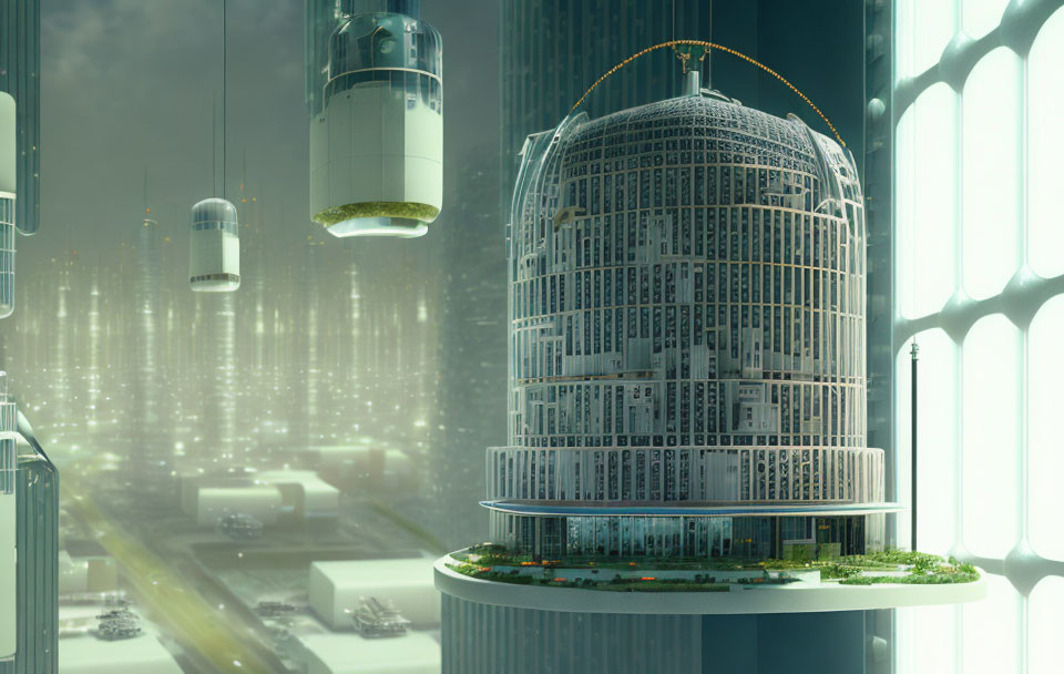 Futuristic cityscape with cylindrical tower and flying capsules