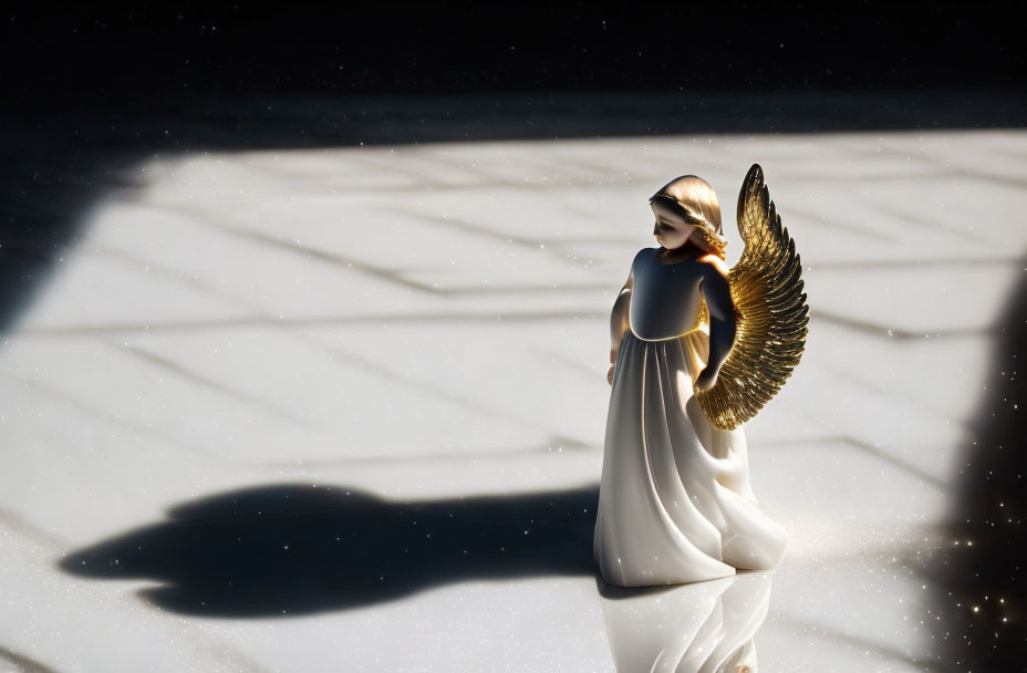 Golden-winged angel figurine on white surface against cosmic backdrop.