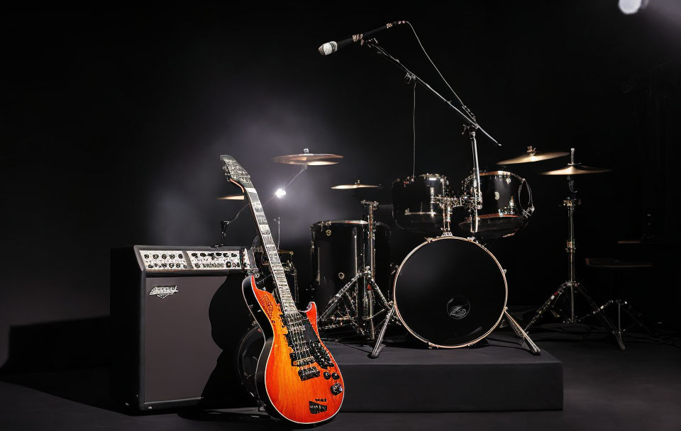 Musical instruments on stage with dark background