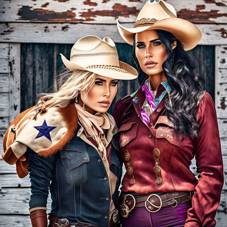 Two women in cowboy hats in front of wooden backdrop.