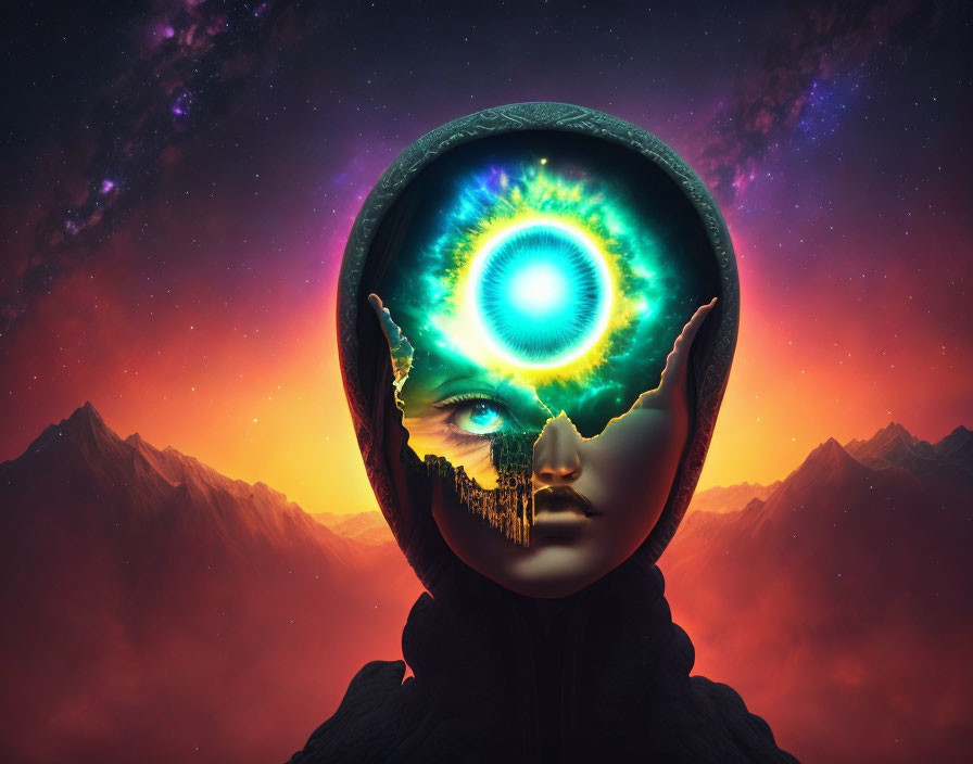 Surreal cosmic eye person with melting face on mountainous starry backdrop