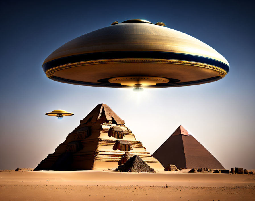 Majestic UFOs above Egyptian pyramids on clear day