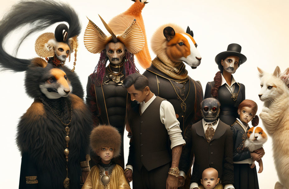 Surreal group portrait of human-like creatures with animal heads in vintage attire