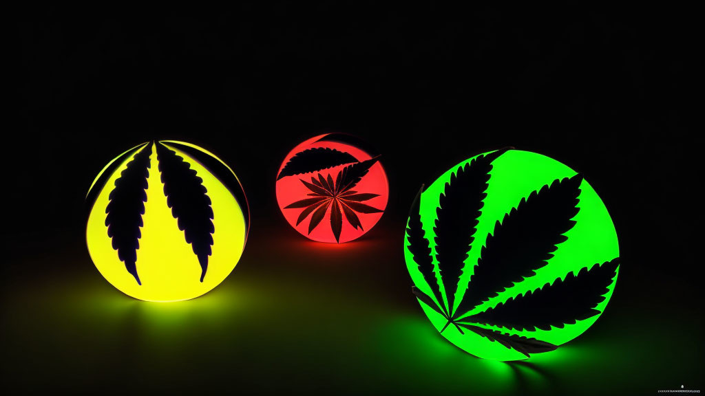 Colorful Glowing Spheres with Cannabis Leaf Silhouettes on Dark Background