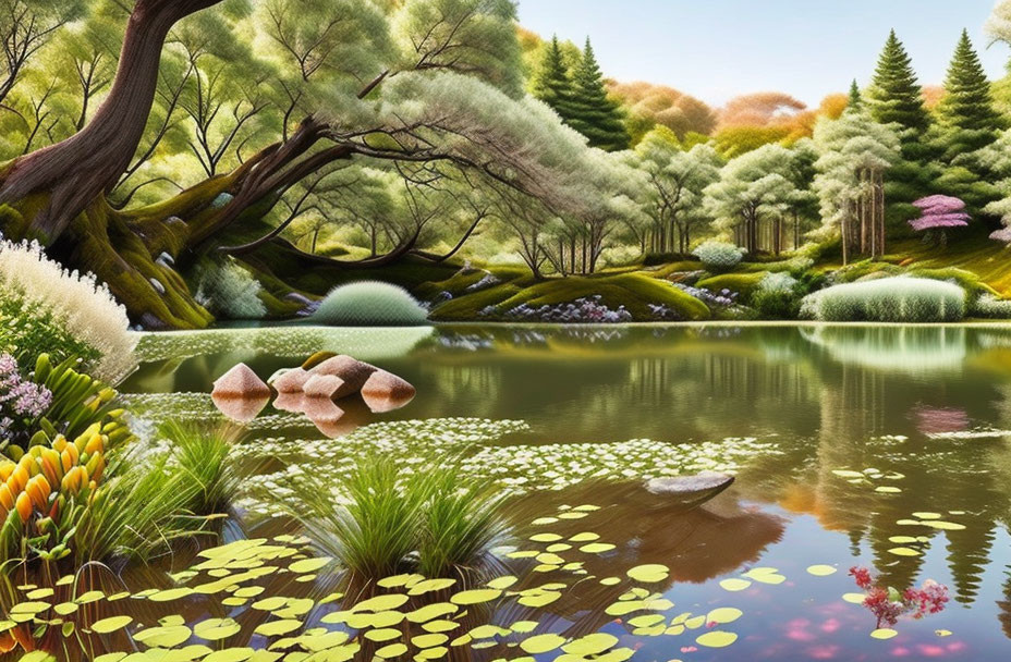 Tranquil digital illustration of lush garden with pond