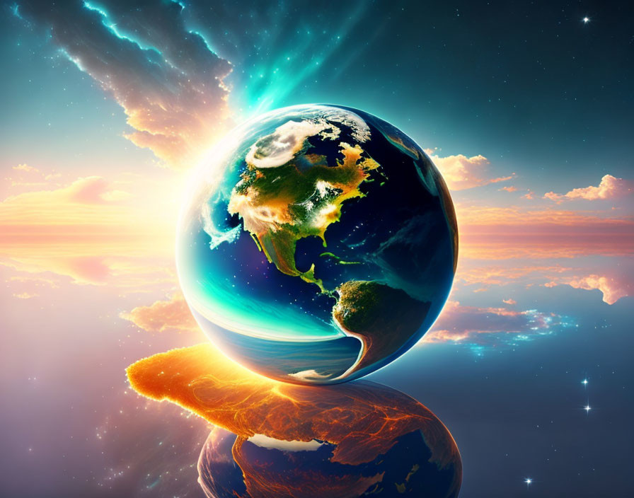 Earth against vivid sunrise background with continents and clouds on glossy surface