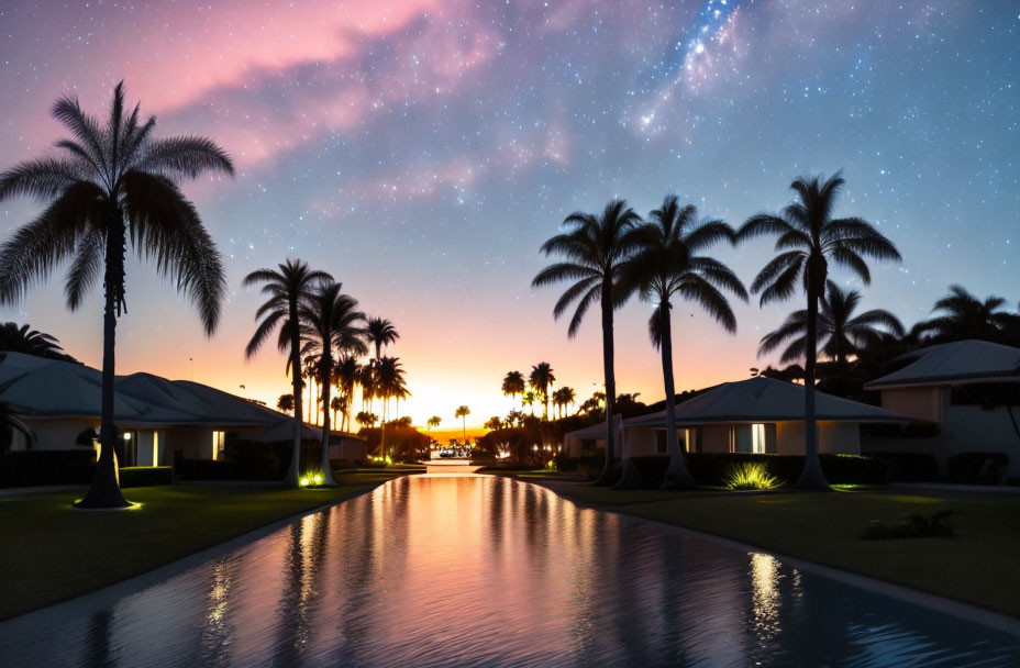 Tropical resort at dusk: palm trees, illuminated villas, starry sky.