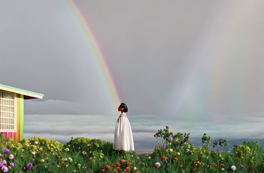 Person in Cape and Helmet Admiring Double Rainbow in Field