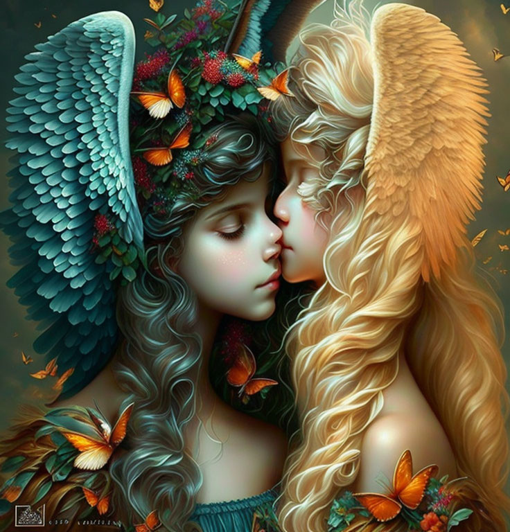 Ethereal beings with elaborate wings and floral adornments in intimate embrace