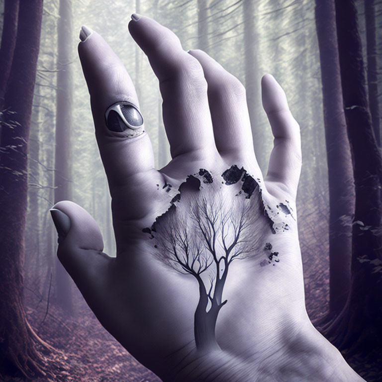 Surreal image: hand with tree silhouette, misty forest background, eye design ring