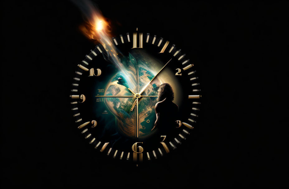 Clock merged with Earth, hands set against dark background with igniting match